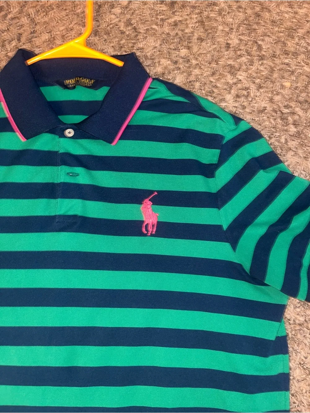 Polo by Ralph Lauren Green and Navy Striped Polo with Pink Pony